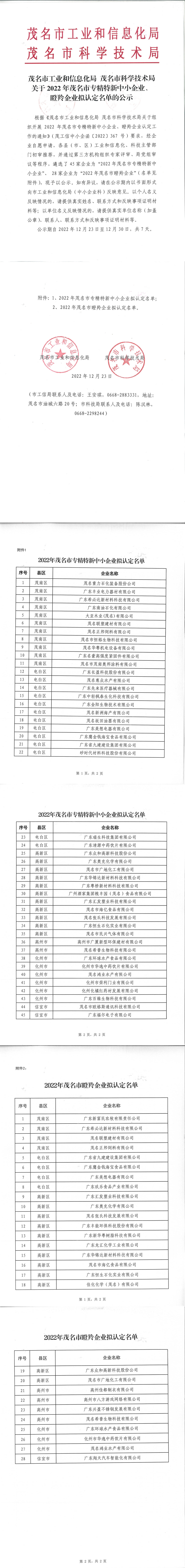 茂名市2022年專精特新中小企業(yè)、瞪羚企業(yè)擬認(rèn)定名單的公示
