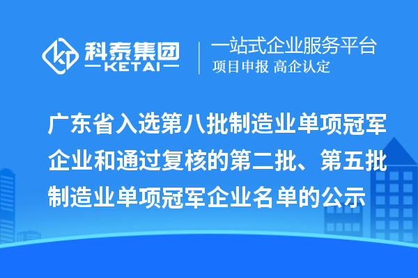 廣東省入選第八批制造業(yè)單項冠軍企業(yè)和通過復核的第二批、第五批制造業(yè)單項冠軍企業(yè)名單的公示