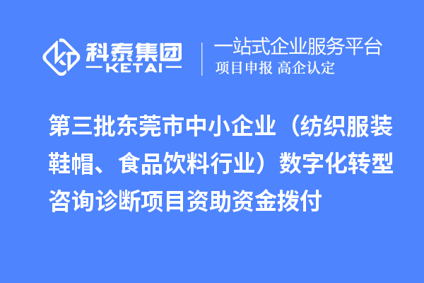 第三批東莞市中小企業(yè)（紡織服裝鞋帽、食品飲料行業(yè)）數(shù)字化轉(zhuǎn)型咨詢診斷項(xiàng)目資助資金撥付